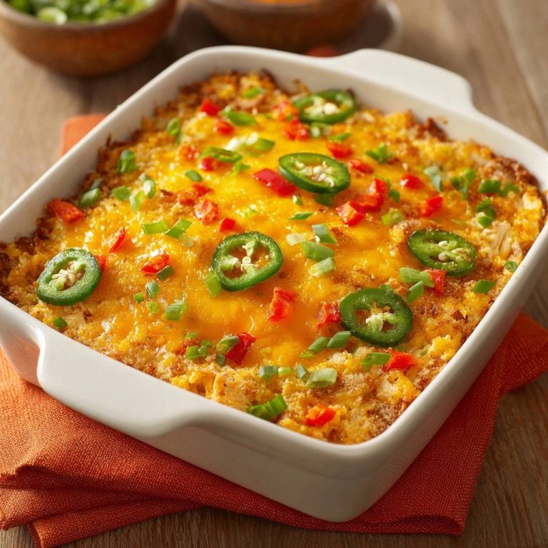 Feuriger Jalapeño-Mais-Auflauf, garniert mit frischen Jalapeño-Scheiben und gehackten Frühlingszwiebeln.
