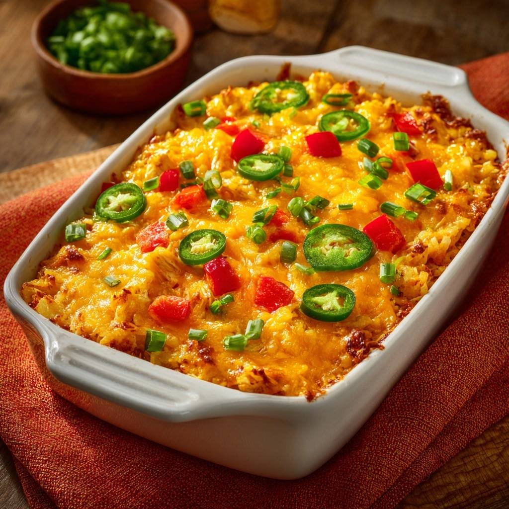 Feuriger Jalapeño-Mais-Auflauf, frisch gebacken und garniert mit Jalapeño-Scheiben, roten Paprikawürfeln und Frühlingszwiebeln.