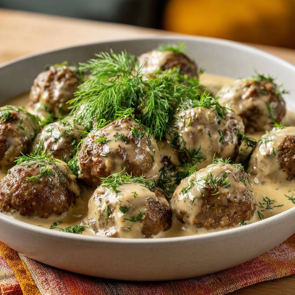Saftige Fleischbällchen in Dill-Rahmsoße, garniert mit frischem Dill und bedeckt mit cremiger Soße.