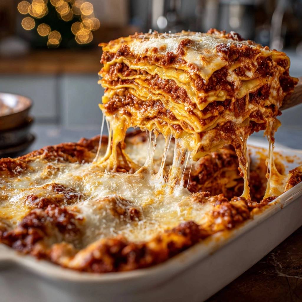 Ultimative Fleischlasagne angeschnitten, mit viel geschmolzenem Käse, der Fäden zieht.