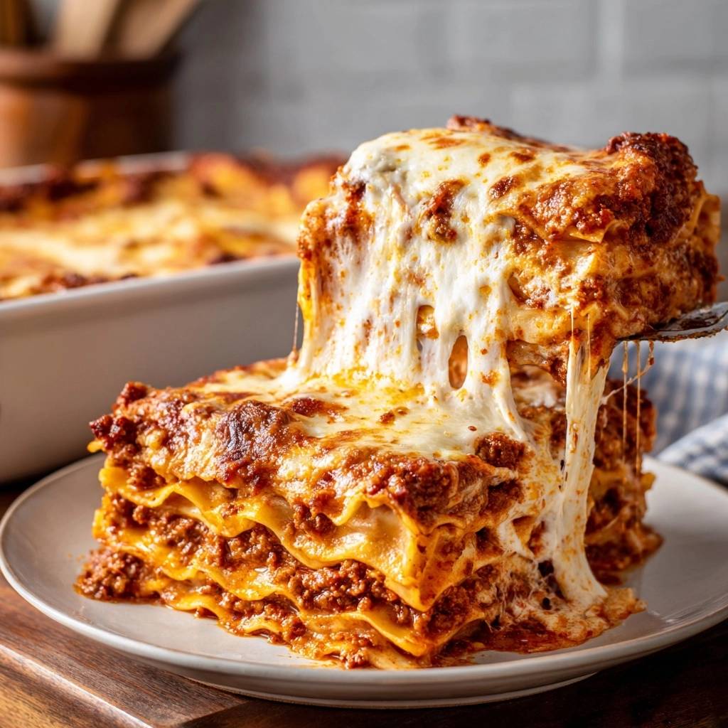 Ultimative Fleischlasagne angeschnitten auf einem Teller, mit geschmolzenem Käse, der Fäden zieht.