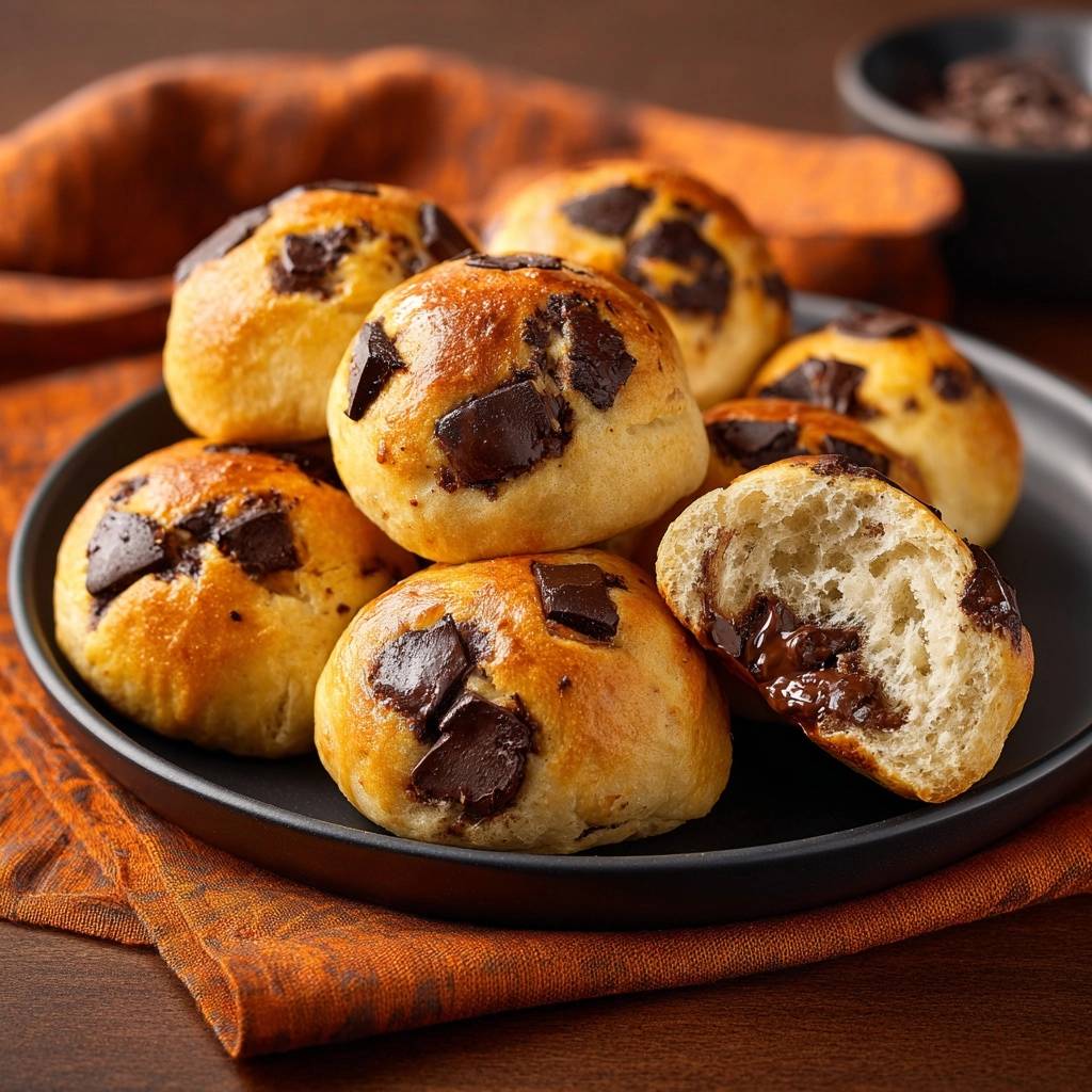 Fluffige Schoko-Brötchen angeschnitten, das Innere zeigt geschmolzene Schokolade und luftigen Teig.