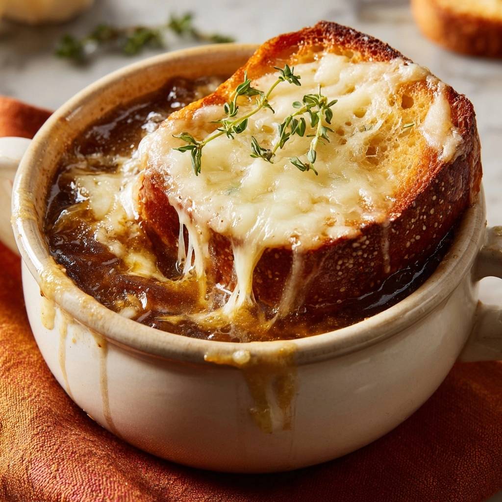 Französische Zwiebelsuppe mit einer überbackenen Käse-Brotscheibe und frischen Kräutern garniert