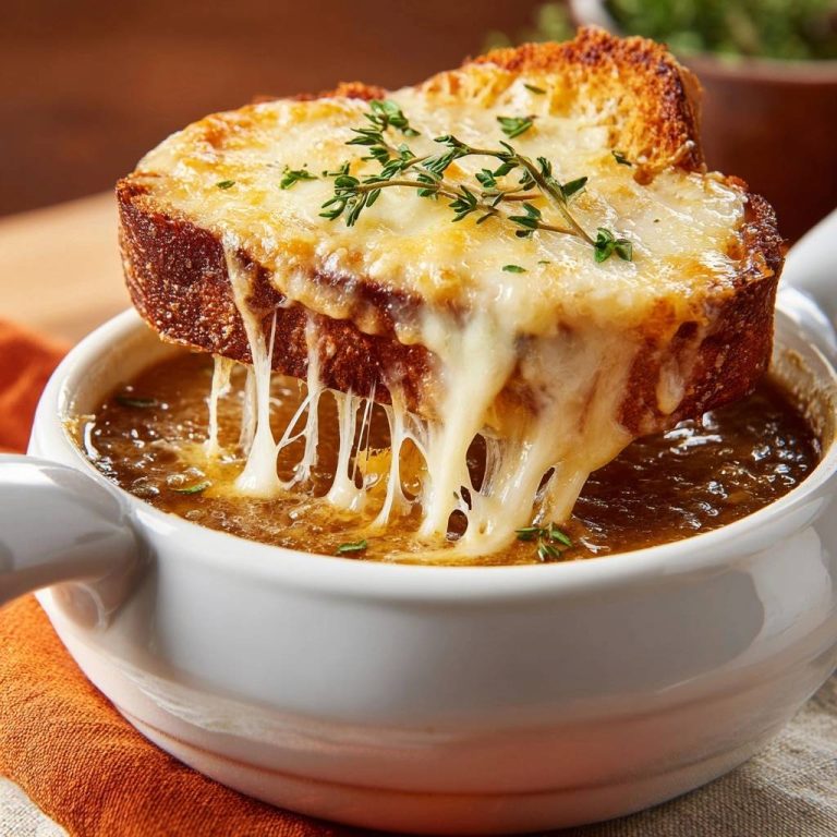 Französische Zwiebelsuppe mit einer dicken Scheibe Brot und geschmolzenem Käse, die über den Rand der Schüssel hängt.