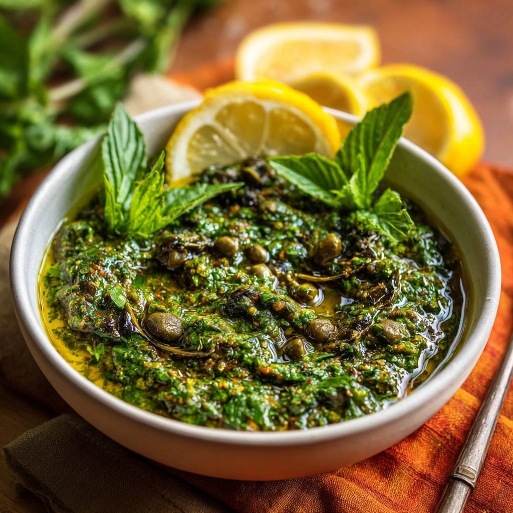 Frische Minze-Kapern-Kräutersauce, garniert mit Minzblättern und Kapern in einer Schüssel mit Zitronenspalten.