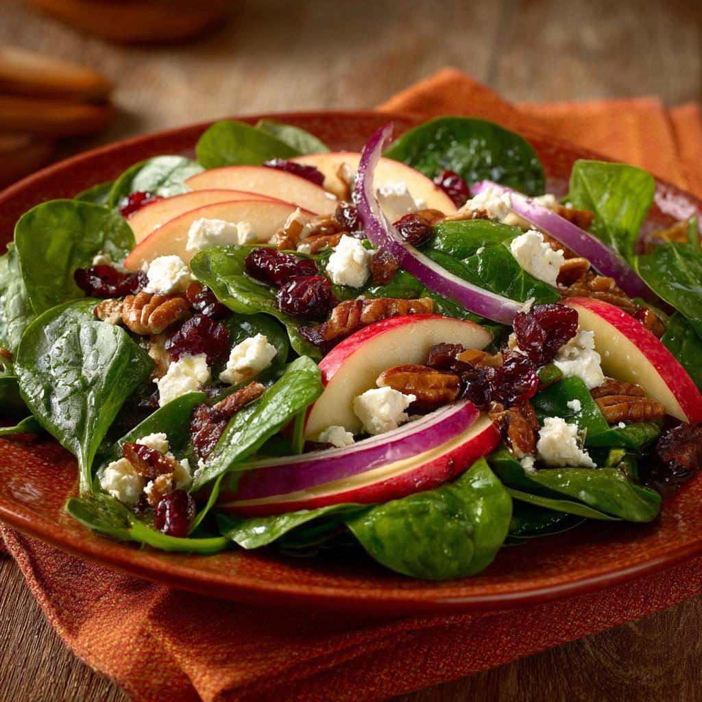 Frischer Spinatsalat mit Apfel und Pekannüssen, detailnah auf einem Teller mit roten Zwiebeln und Cranberries serviert.
