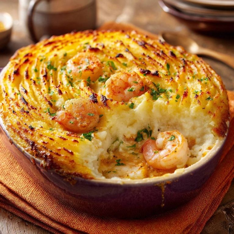 Cremiger Garnelen-Kartoffel-Gratin nahaufnahme mit Garnitur aus Petersilie und Garnelen auf der Oberseite.