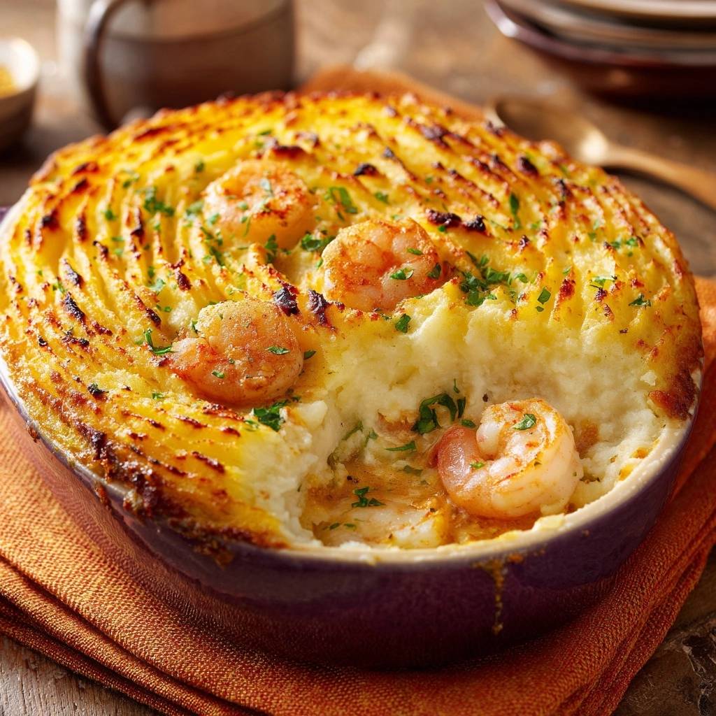 Cremiger Garnelen-Kartoffel-Gratin nahaufnahme mit Garnitur aus Petersilie und Garnelen auf der Oberseite.