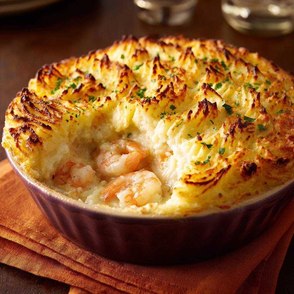 Cremiger Garnelen-Kartoffel-Gratin mit knusprigem Kartoffel-Topping und sichtbaren Garnelen im Inneren.