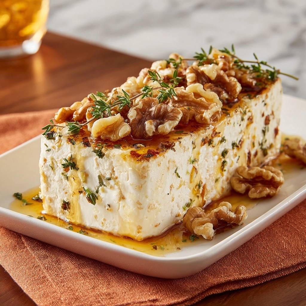 Gebratener Feta mit Honig, Walnüssen und Thymian, garniert mit frischen Kräutern und Nüssen.