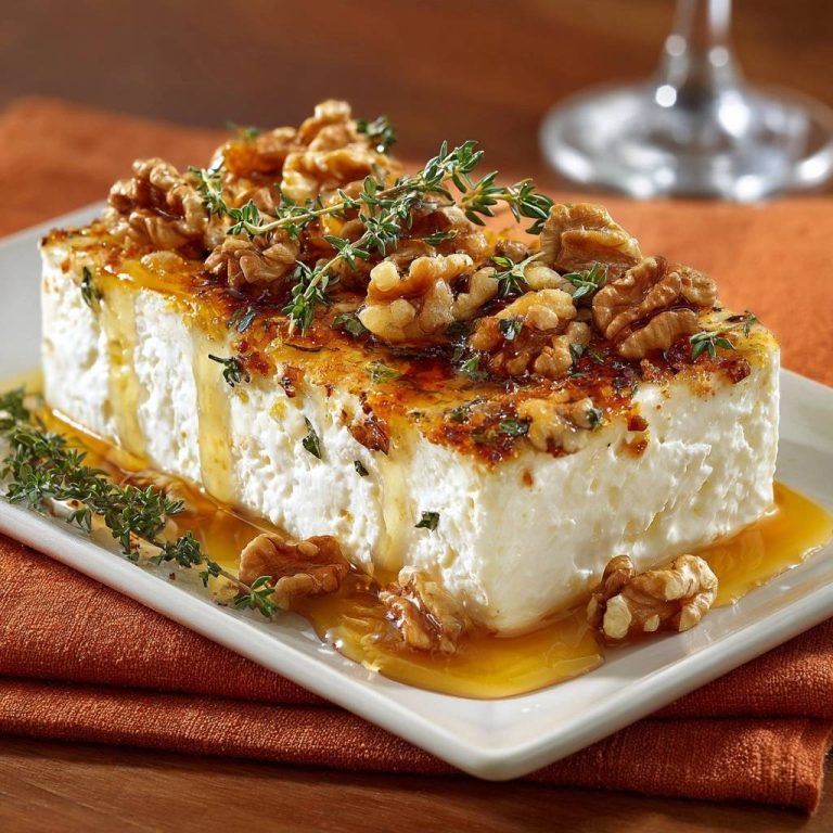 Gebratener Feta mit Honig, Walnüssen und Thymian, nahaufnahme der garnierten Oberfläche mit geschmolzenem Honig.