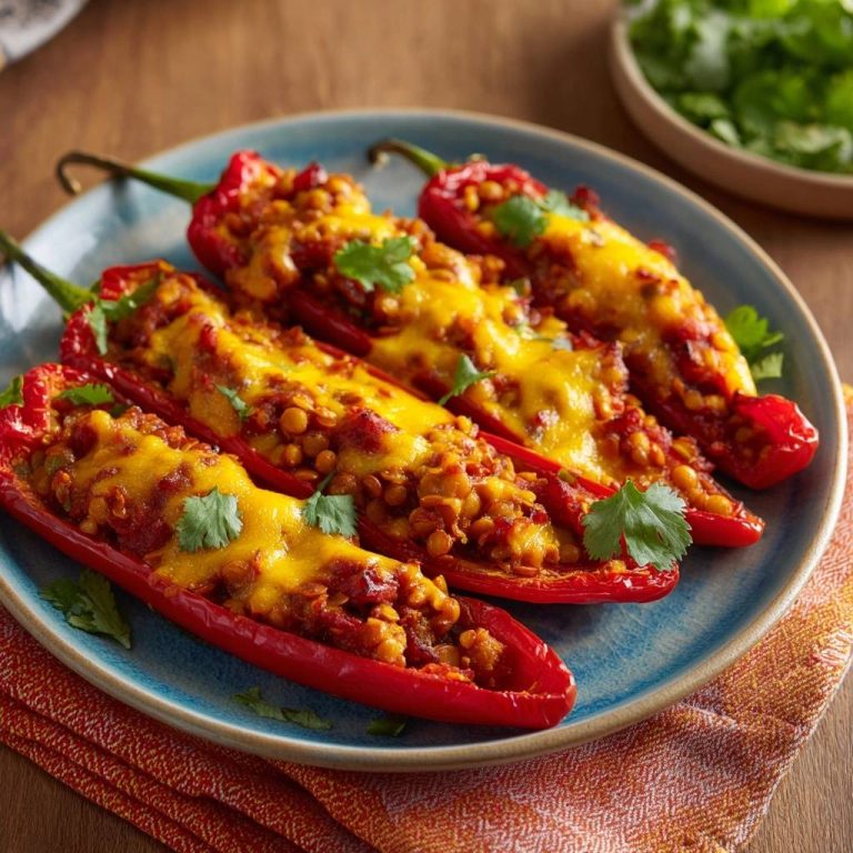 Gefüllte Paprika mit Linsen und Käse auf einem blauen Teller mit frischer Petersilie garniert, Nahaufnahme