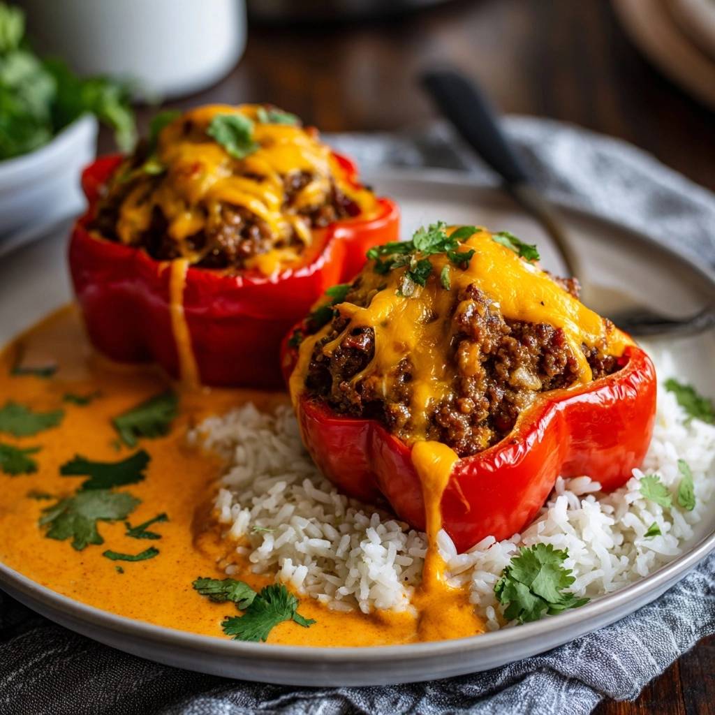 Gefüllte Paprika mit Hack, Käse und Curryreis auf einem Teller serviert mit einer cremigen Sauce und Koriander garniert.