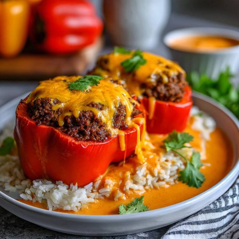 Gefüllte Paprika mit Hackfleisch und Käse serviert mit Curryreis auf einem Teller, nahaufnahme.