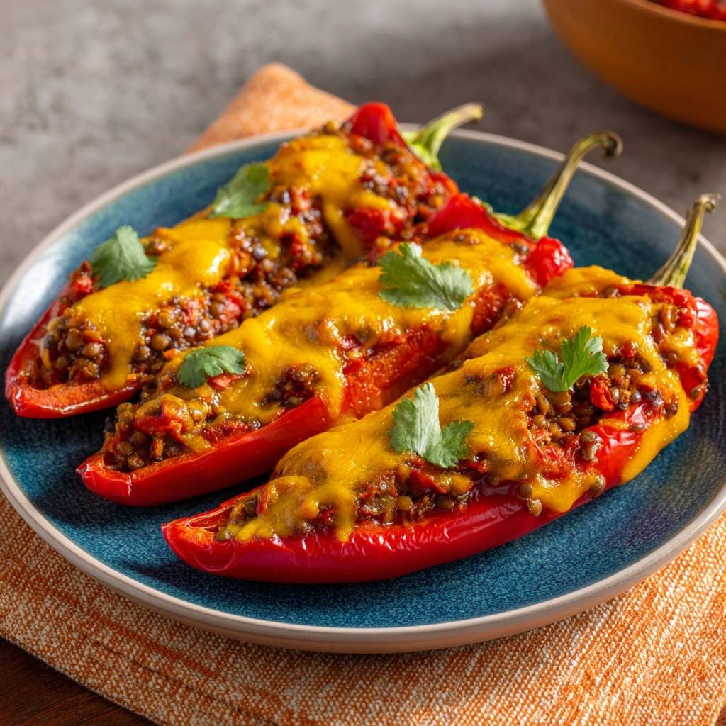 Gefüllte Paprika mit Linsen und Käse als Nahaufnahme auf einem blauen Teller mit frischer Petersilie garniert.
