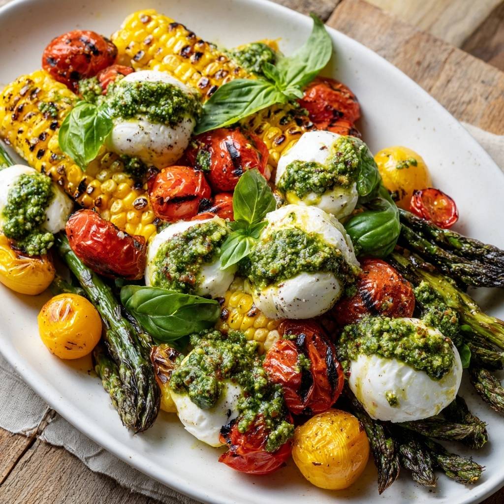 Gegrillte Mais-Spargel-Platte mit Pesto-Mozzarella, auf einer weißen Platte mit frischem Basilikum und Pesto garniert serviert.