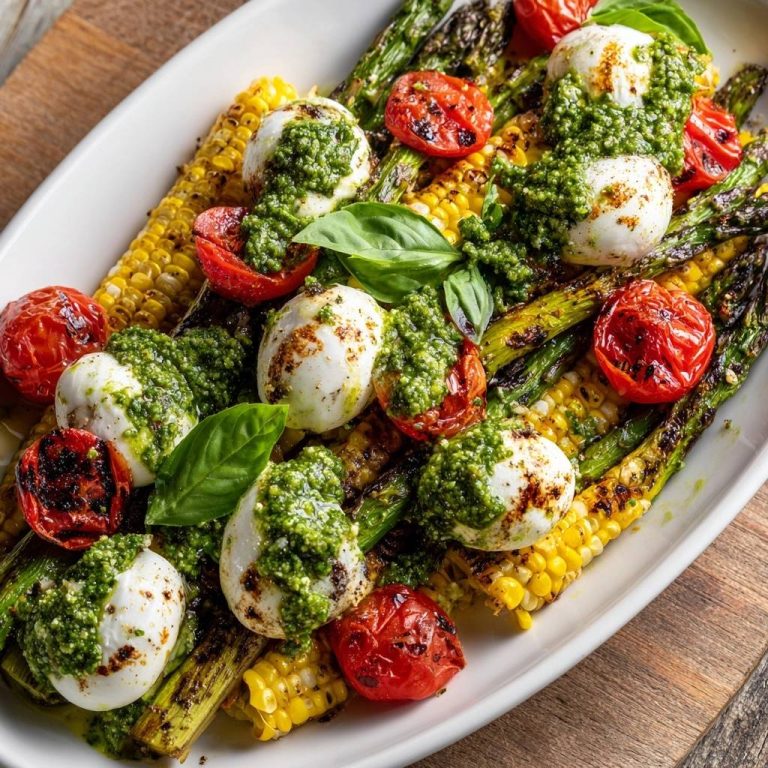 Gegrillte Mais-Spargel-Platte mit Pesto-Mozzarella, nahaufnahme der gegrillten Gemüsesorten und Käsebällchen mit Pesto-Topping.