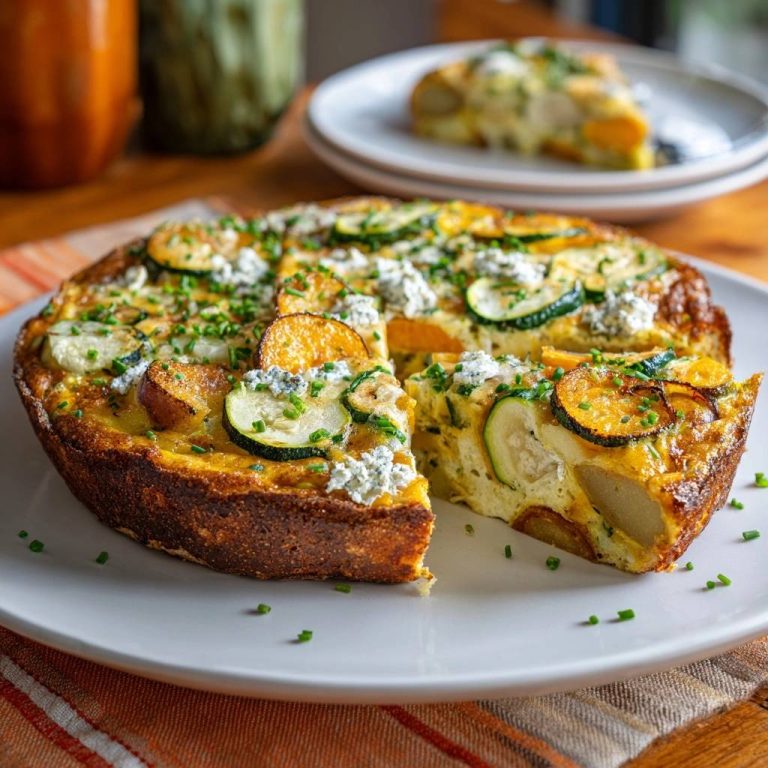 Herzhafte Gemüse-Frittata angeschnitten mit Zucchini und Blauschimmelkäse auf einem Teller, ein Stück auf einem Teller im Hintergrund.