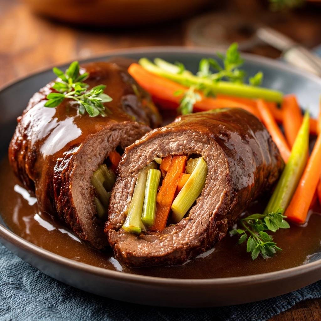 Gemüsegefüllte Rinderrouladen im Anschnitt mit sichtbarer Füllung aus Karotten und Sellerie, serviert mit Sauce und Beilagen.