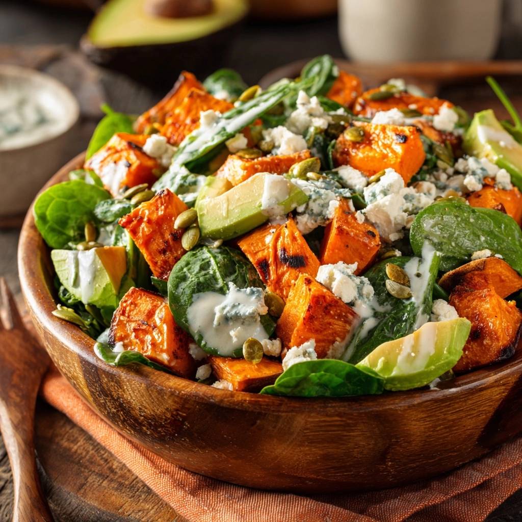 Gerösteter Süßkartoffel-Spinat-Salat mit Avocado und Blauschimmelkäse, serviert in einer Holzschüssel mit einem cremigen Dressing.