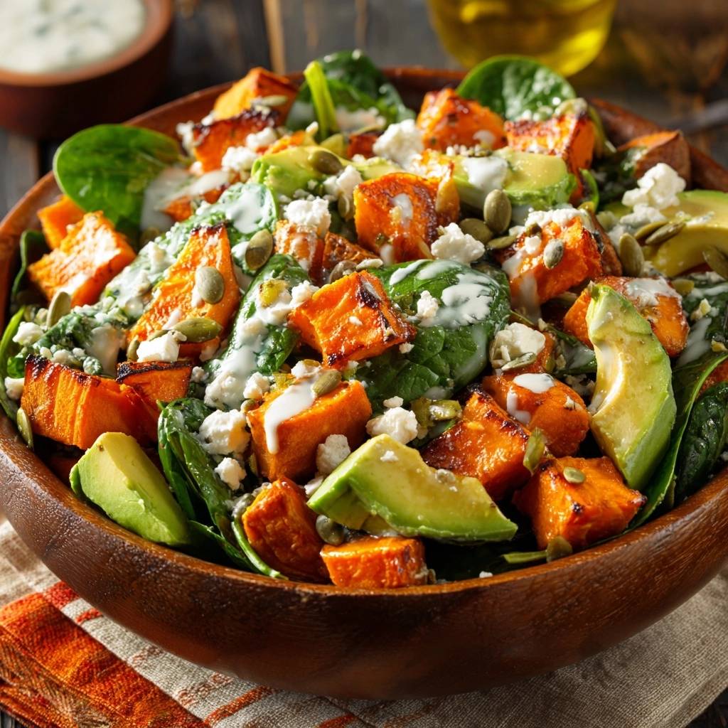 Gerösteter Süßkartoffel-Spinat-Salat mit Avocado und Feta als detailreiche Nahaufnahme in einer Holzschüssel.
