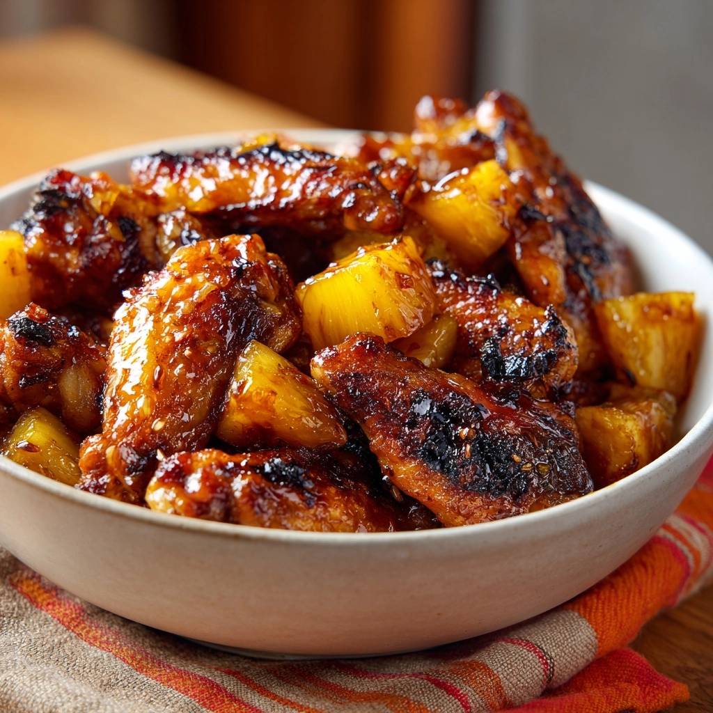 Glasierte Ananas-Hähnchen-Wings in einer Schüssel, detailreiche Nahaufnahme der glänzenden Sauce und des Fruchtfleisches.