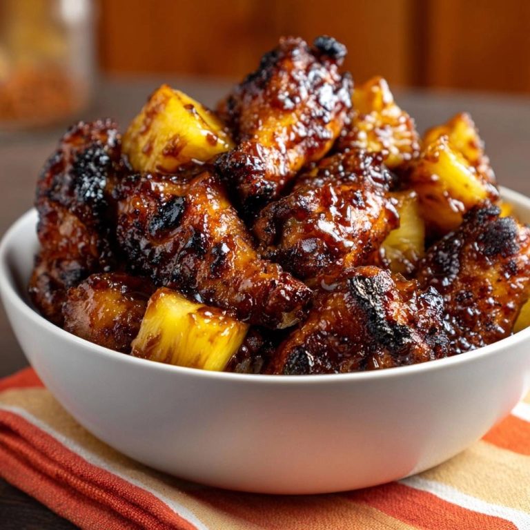 Glasierte Ananas-Hähnchen-Wings in einer Schüssel mit glänzender, dunkler Glasur und Ananasstücken, Detailaufnahme.