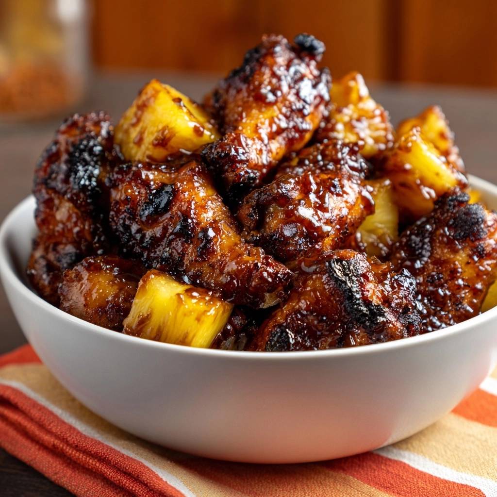 Glasierte Ananas-Hähnchen-Wings in einer Schüssel mit glänzender, dunkler Glasur und Ananasstücken, Detailaufnahme.