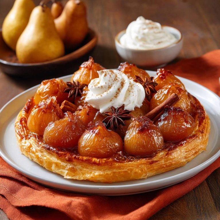 Glasiertes Birnen-Blatteig-Dessert mit Sahne und Sternanis garniert, serviert auf einem Teller.