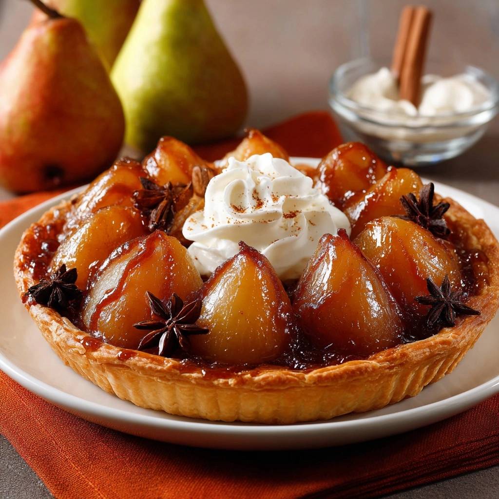 Glasiertes Birnen-Blatteig-Dessert, garniert mit Schlagsahne und Zimt, mit Sternanis dekoriert.