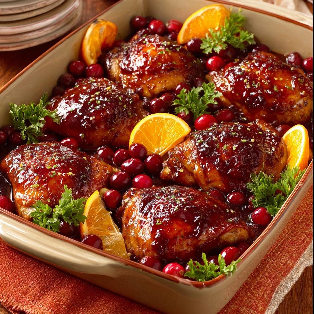 Glasiertes Cranberry-Orange-Hähnchen im Keramikauflauf mit frischen Cranberries und Orangenspalten garniert