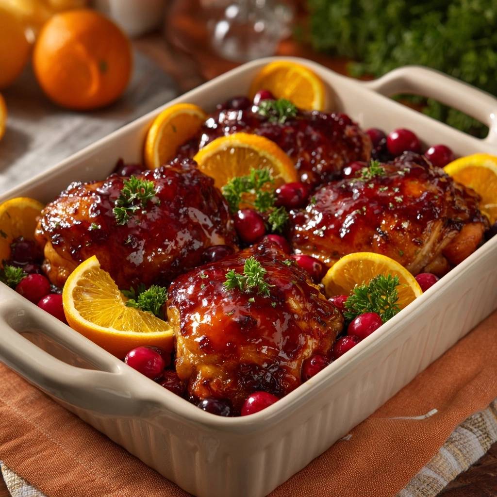 Glasiertes Cranberry-Orange-Hähnchen in einer Auflaufform mit frischen Cranberries und Orangenscheiben garniert