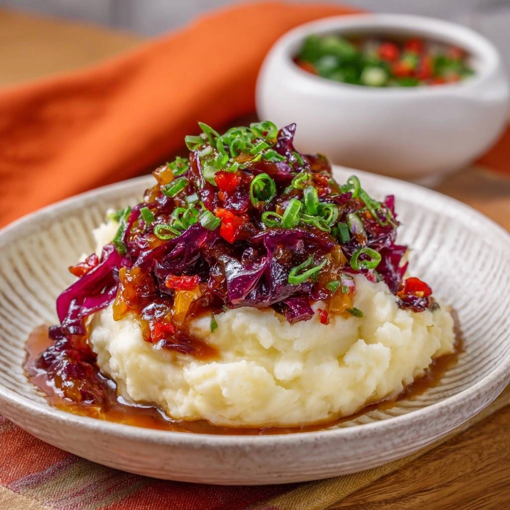 Glasiger Rotkohl auf cremigem Kartoffelpüree, Nahaufnahme der glasierten Rotkohl-Topping mit Frühlingszwiebeln und Chili.