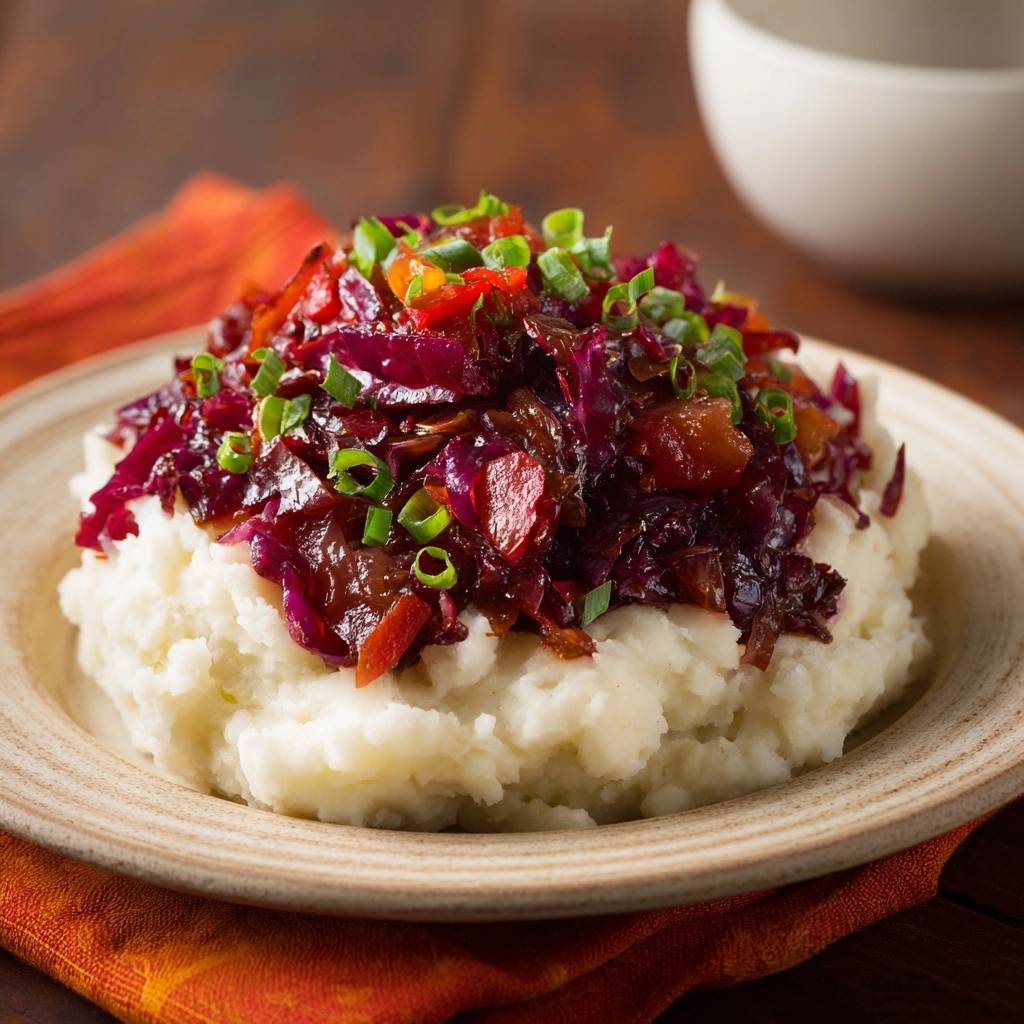 Glasiger Rotkohl auf cremigem Kartoffelpüree, serviert auf einem Teller mit Nahaufnahme des Garnitur und Textur