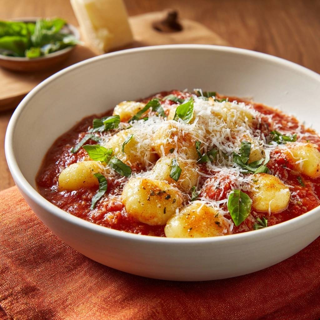 Gnocchi alla Pomodoro nahaufnahme mit frisch geriebenem Parmesan und Basilikum garniert, serviert in einer weißen Schüssel.