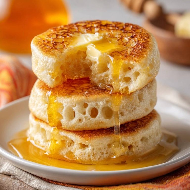Goldbraune Honig-Crumpets, außen knusprig, innen luftig, angeschnitten und mit Honig übergossen, mit Butter darauf