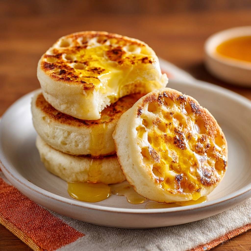Goldbraune Honig-Crumpets, die auf einem Teller gestapelt sind, mit Honig, der von den oberen Crumpets tropft.