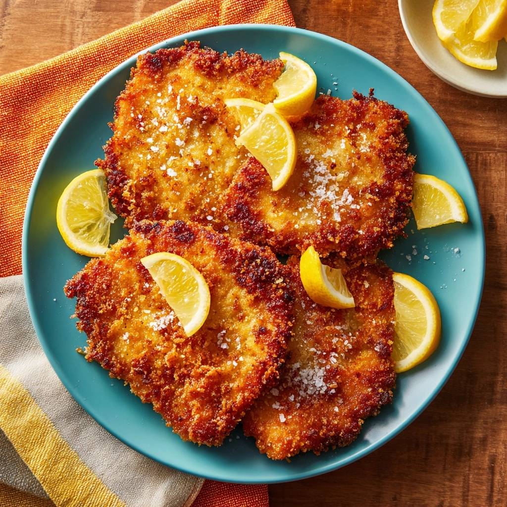 Goldbraunes Hähnchenschnitzel auf einem blauen Teller, garniert mit Zitronenspalten und grobem Salz.