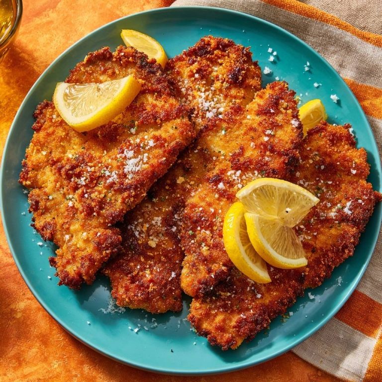 Goldbraunes Hähnchenschnitzel mit knuspriger Panade, garniert mit frischen Zitronenspalten auf einem blauen Teller.