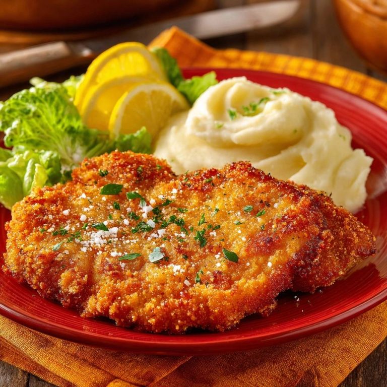Goldbraunes Putenschnitzel mit Kartoffelpüree, garniert mit Petersilie, auf einem roten Teller, Nahaufnahme.