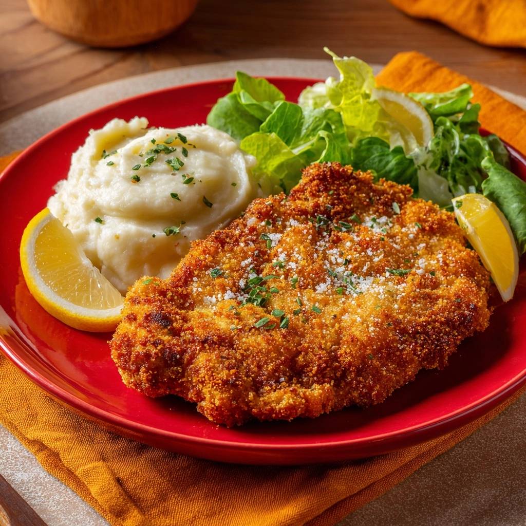 Goldbraunes Putenschnitzel mit Kartoffelpüree serviert auf einem roten Teller mit Zitronenspalten und Salatgarnitur.