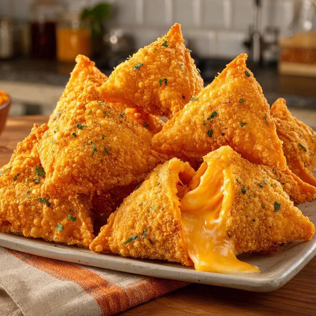Goldene Cheddar-Ecken mit flüssigem Käse im Querschnitt, die außen knusprig und innen geschmolzen sind.