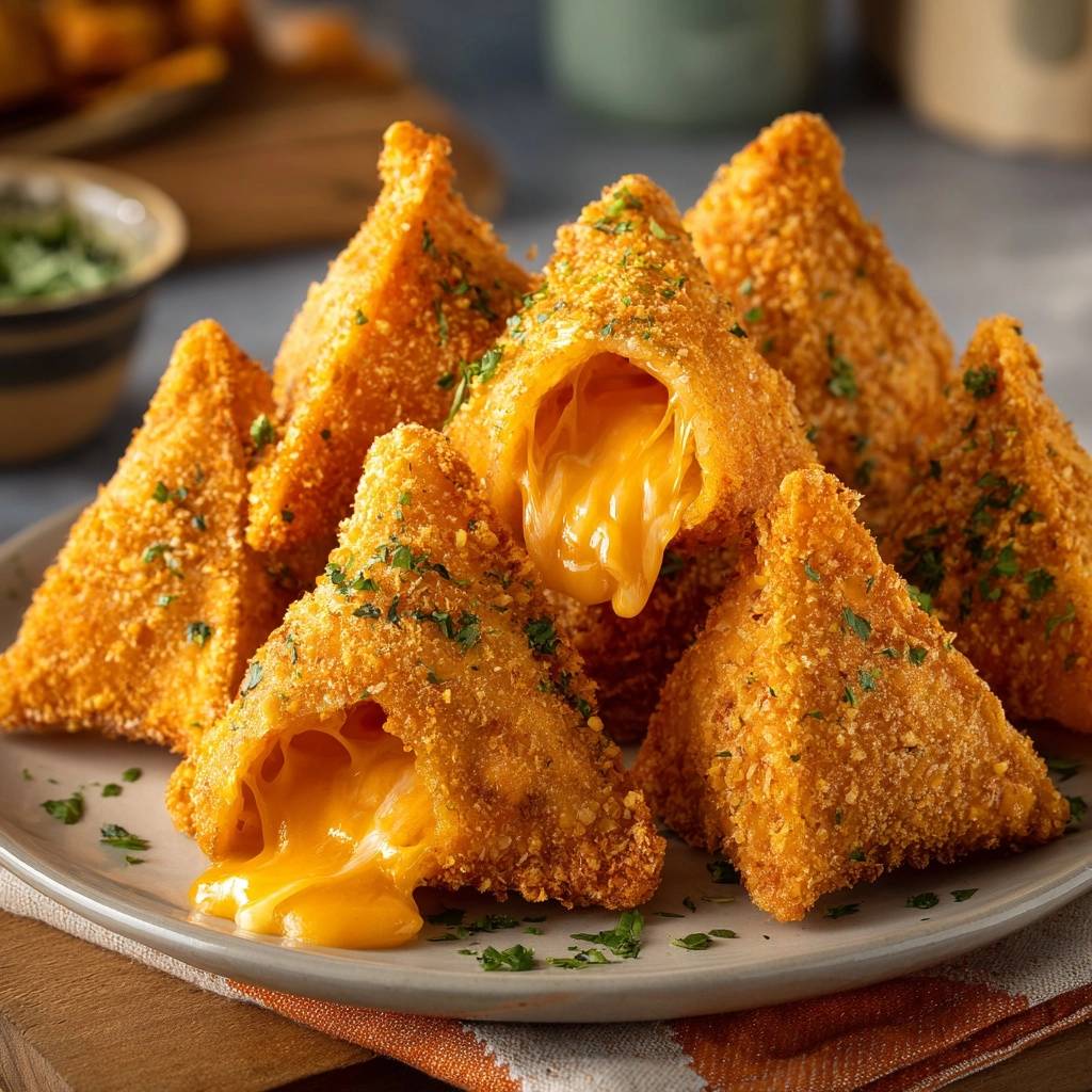 Goldene Cheddar-Ecken mit flüssigem Käse im Querschnitt auf einem Teller, außen knusprig und innen geschmolzen.