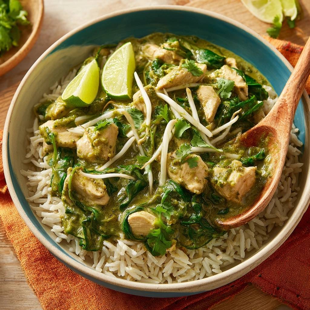 Cremiges grünes Thai-Curry mit Hähnchen, Spinat und Limette in einer Schüssel, Nahaufnahme mit Holzlöffel