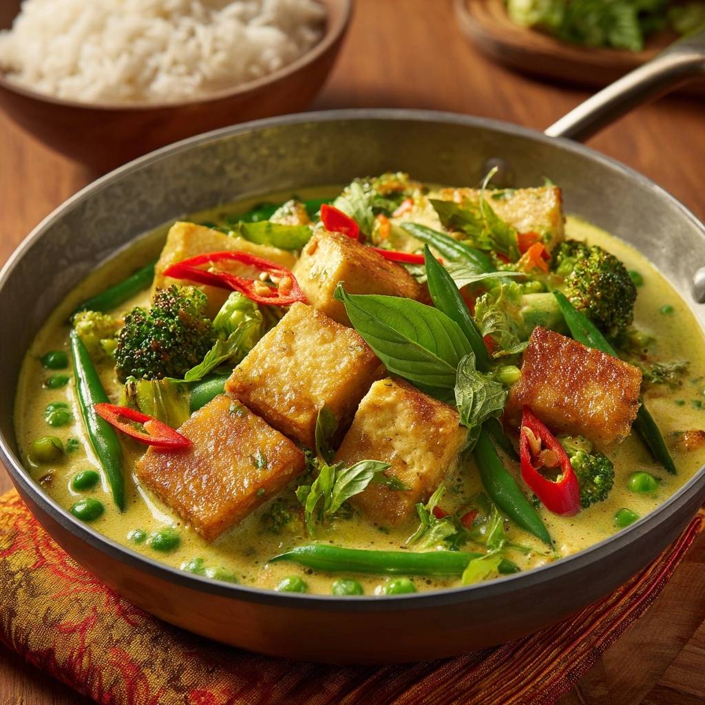 Cremiges Grünes Thai-Curry mit Tofu, nahaufnahme der knusprigen Tofustücke und frischem Gemüse im Currysud.