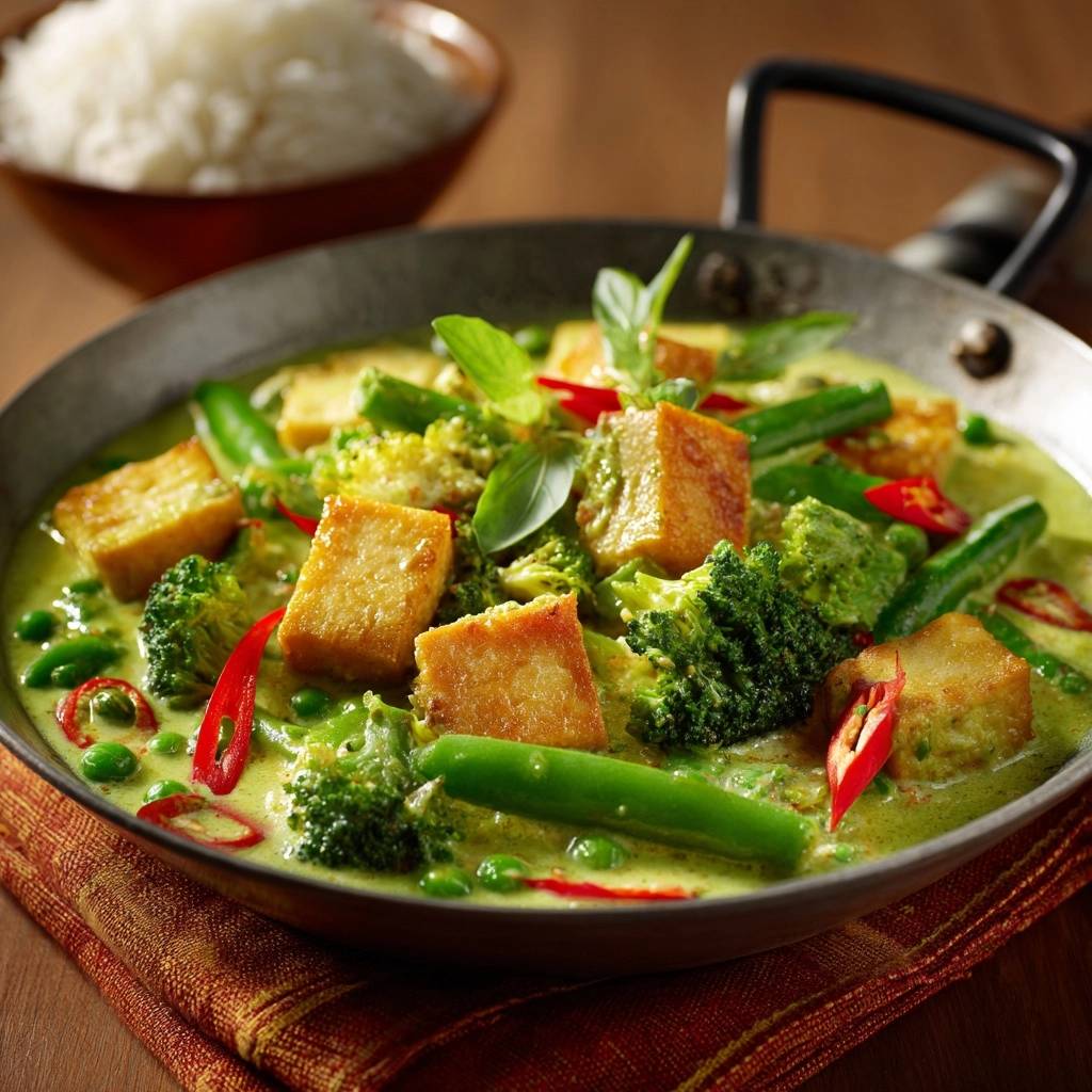 Cremiges grünes Thai-Curry mit Tofu, nahaufnahme der knusprigen Tofustücke und frischen Gemüsezutaten in der grünen Kokosmilchsauce.