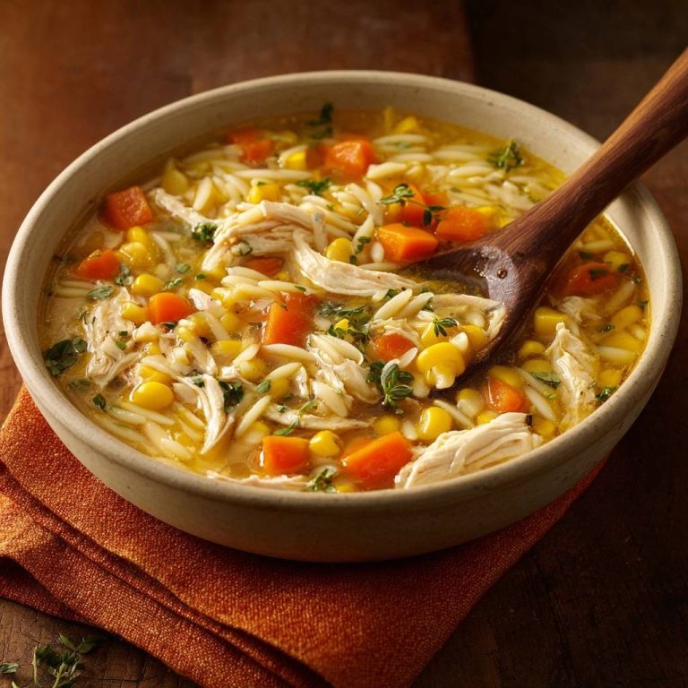 Herzhafte Hähnchen-Orzo-Suppe mit Karotten und Mais, eine Nahaufnahme mit einem Holzlöffel.
