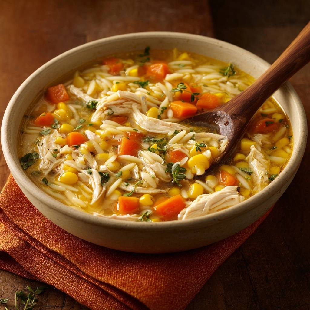 Herzhafte Hähnchen-Orzo-Suppe mit Karotten und Mais, eine Nahaufnahme mit einem Holzlöffel.