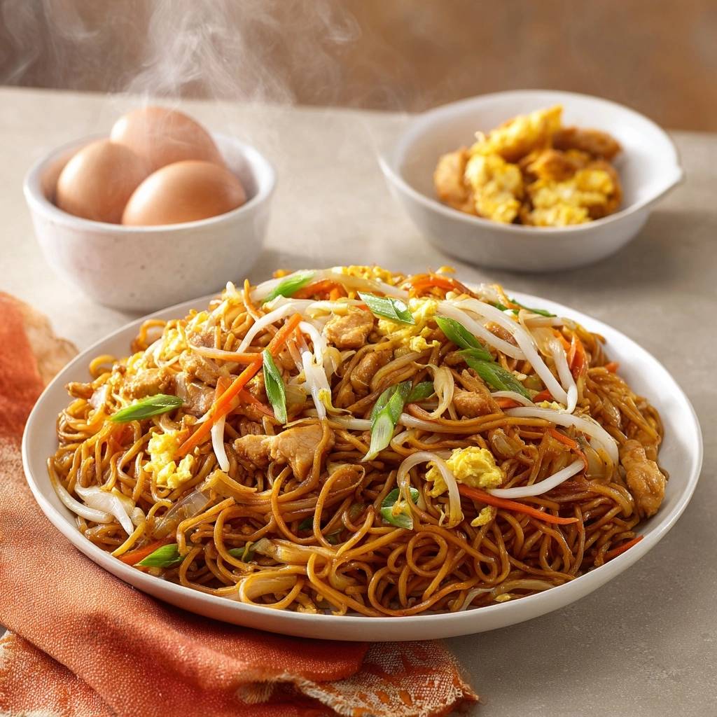 Hähnchen-Chow-Mein mit Dampf, serviert auf einem Teller mit frischem Gemüse und Eiern.