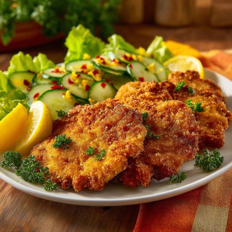 Knuspriges Hähnchenschnitzel mit Gurkensalat auf einem Teller mit Zitronenspalten und Petersilie, nahaufnahme